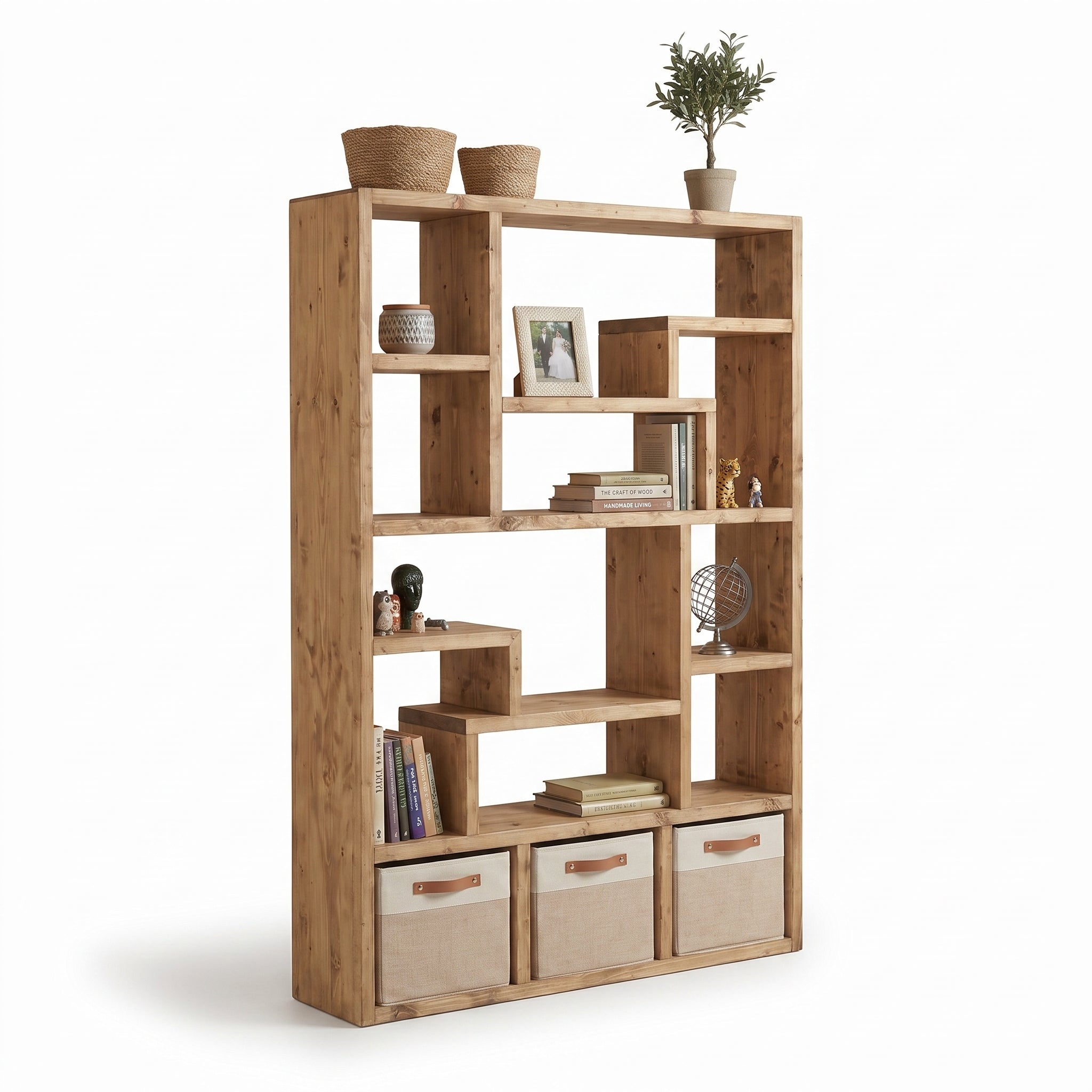 Reclaimed Wood Bookcase with 4 Compartments - Rustic Shelving Unit | Scaffold Timber Furniture | Baskets