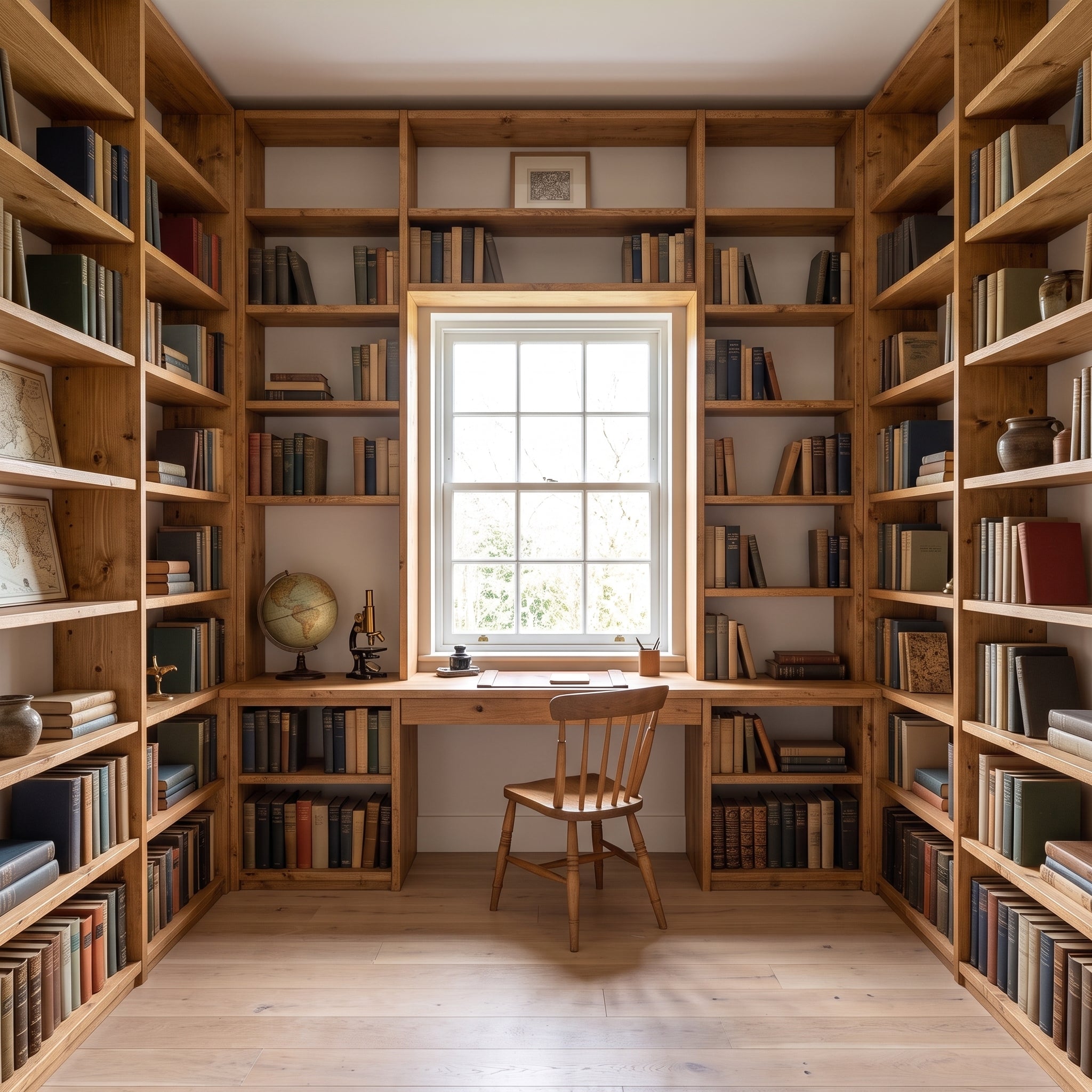 Full Wall Library Bookcase | Solid Pine Made to Measure | Study & Home Office Shelving with Optional Desk and Murphy Bed