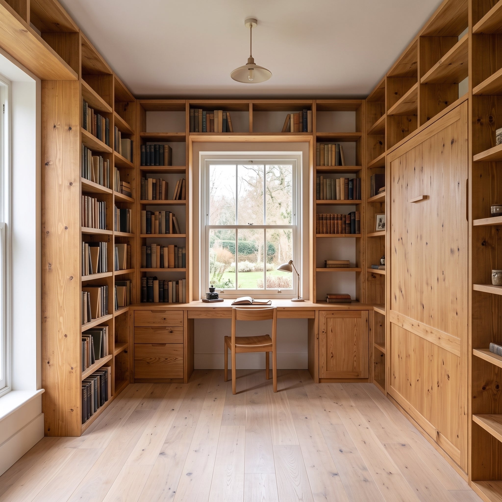 Full Wall Library Bookcase | Solid Pine Made to Measure | Study & Home Office Shelving with Optional Desk and Murphy Bed