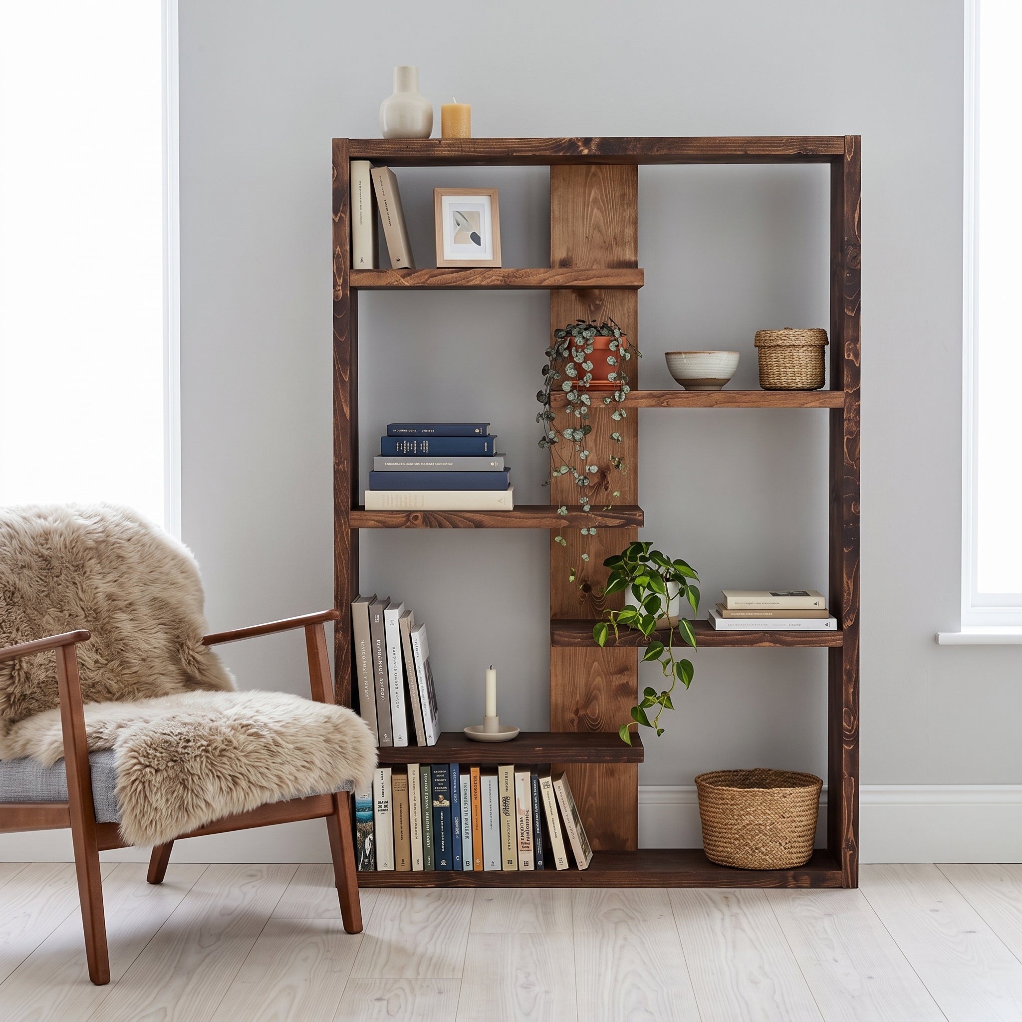 Solid Wood Central Bookcase & Shelving Unit - Tall Freestanding Storage Organizer- central