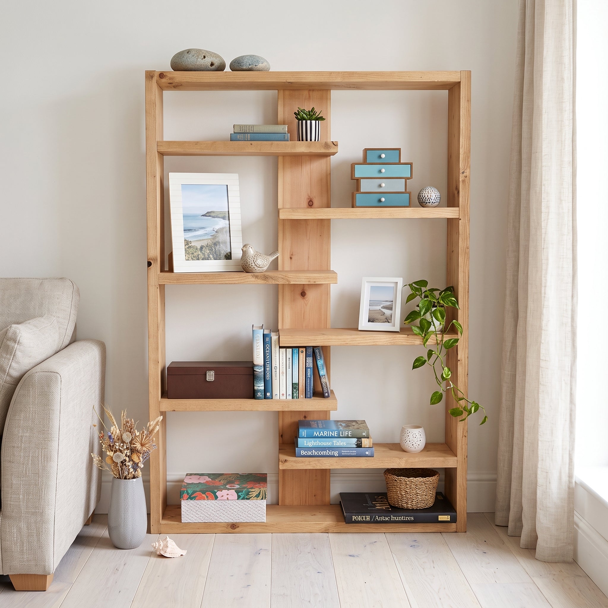 Solid Wood Central Bookcase & Shelving Unit - Tall Freestanding Storage Organizer- central