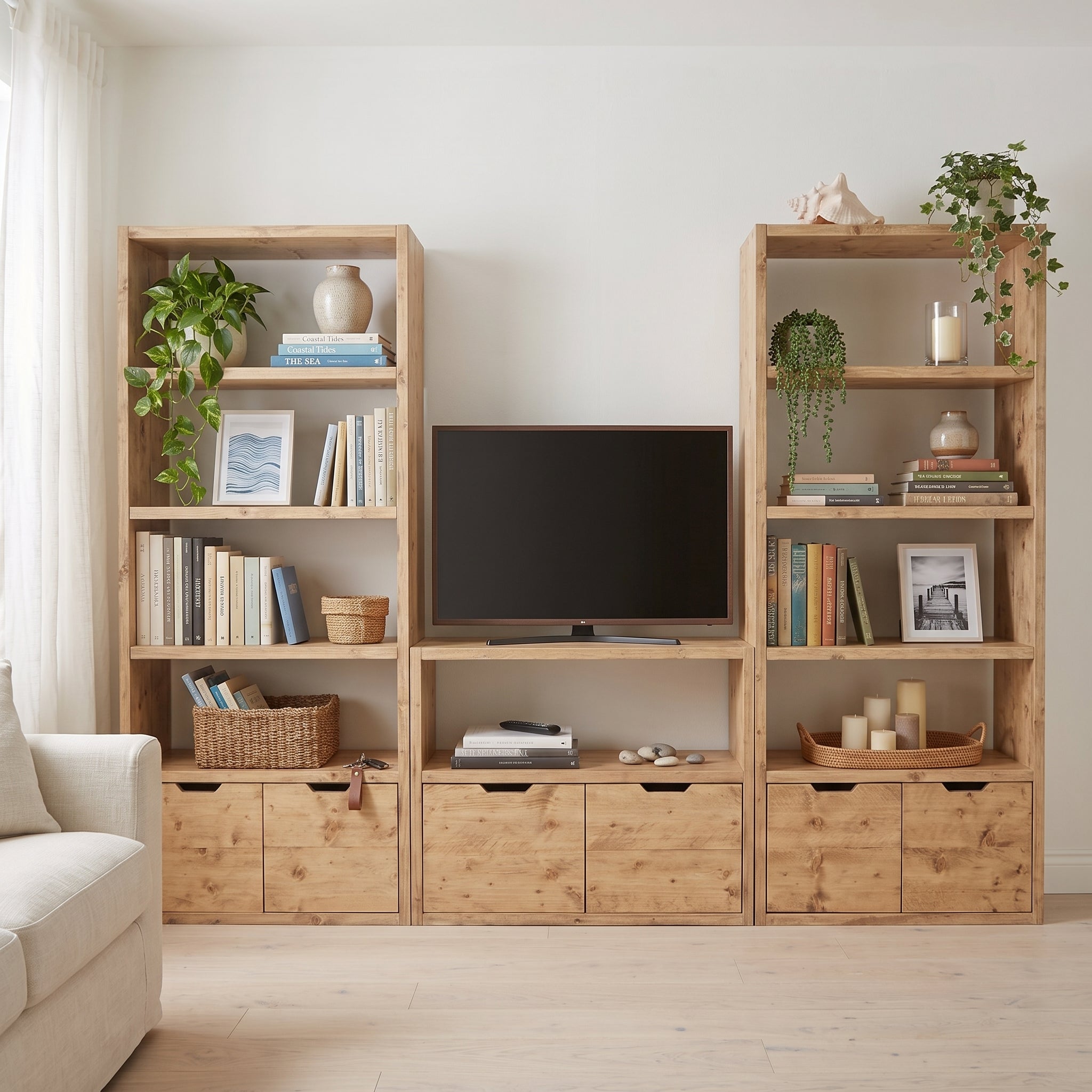 Reclaimed Wood Bookcase & Shelving Units with TV Stand and Doors - Rustic Entertainment Center