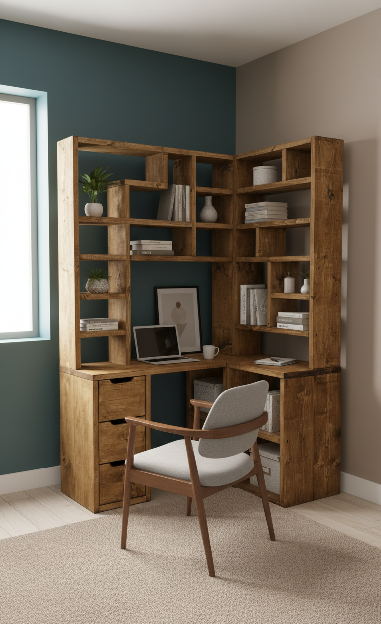Reclaimed Wood Bookcase & Shelving Units Desk - Rustic Open Shelving Storage - cornerdeskbc