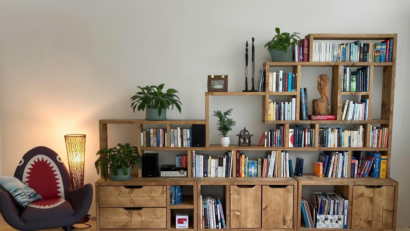 Large Reclaimed Wood Bookcase & Shelving Units Set - Rustic Storage Furniture - Vintage style bookcase set- slope