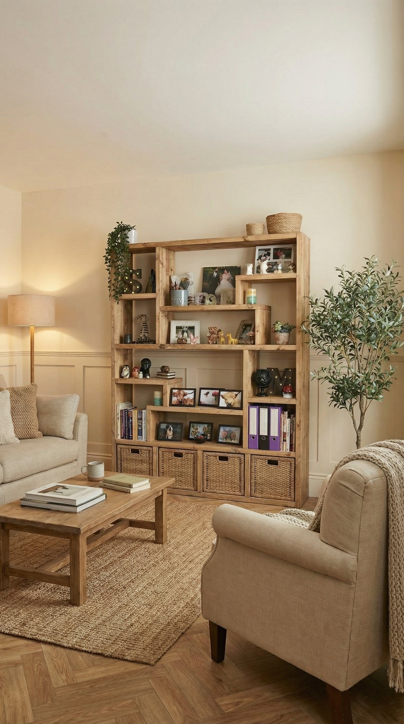 Reclaimed Wood Bookcase with 4 Compartments - Rustic Shelving Unit | Scaffold Timber Furniture | Baskets