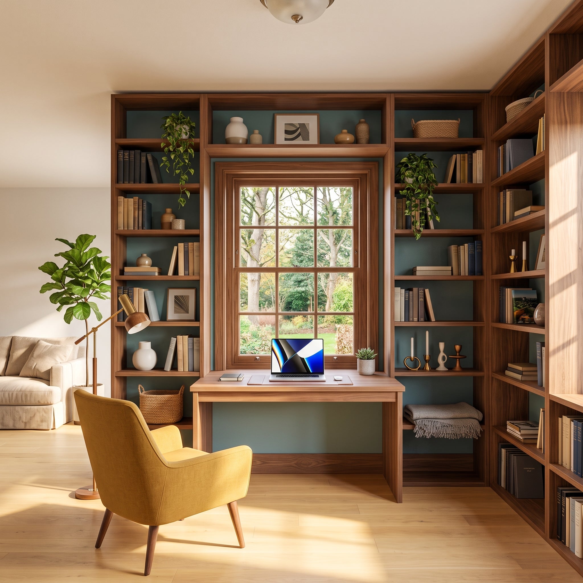 Full Wall Library Bookcase | Solid Pine Made to Measure | Study & Home Office Shelving with Optional Desk and Murphy Bed