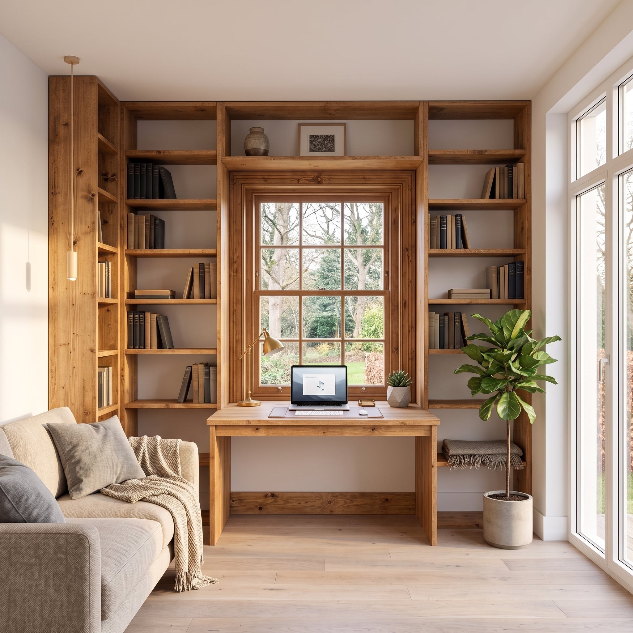 Full Wall Library Bookcase | Solid Pine Made to Measure | Study & Home Office Shelving with Optional Desk and Murphy Bed