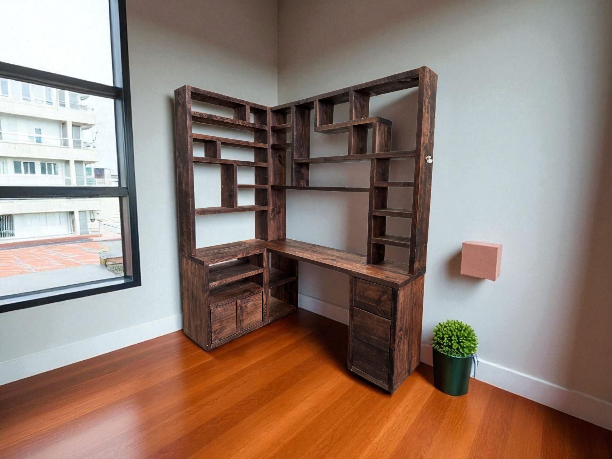 Reclaimed Wood Bookcase & Shelving Units Desk - Rustic Open Shelving Storage - cornerdeskbc