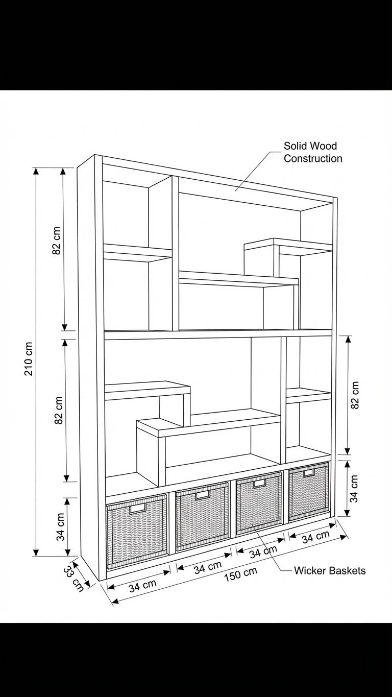 Reclaimed Wood Bookcase with 4 Compartments - Rustic Shelving Unit | Scaffold Timber Furniture | Baskets