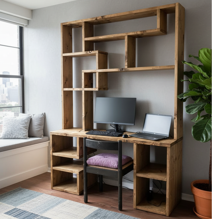 Modern home office with wooden desk and shelves, computer setup, and large window.