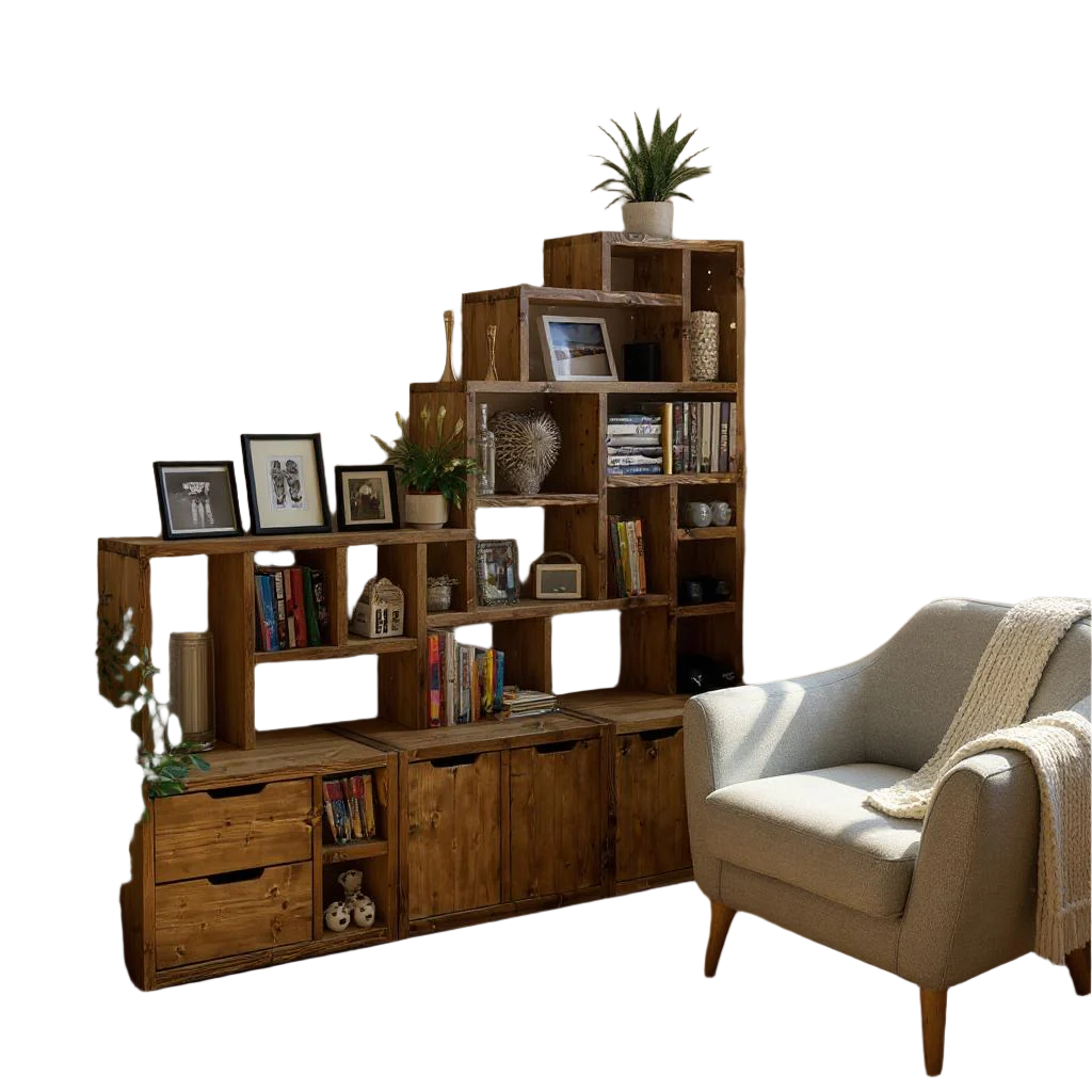 Large Reclaimed Wood Bookcase & Shelving Units Set - Rustic Storage Furniture - Vintage style bookcase set- slope