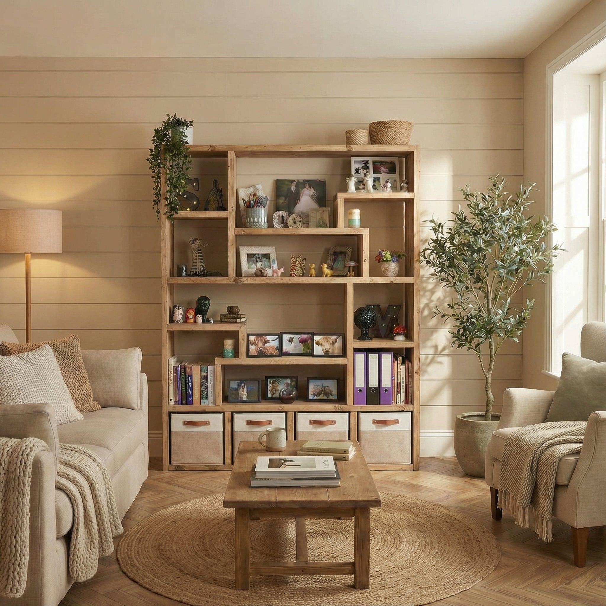 Reclaimed Wood Bookcase with 4 Compartments - Rustic Shelving Unit | Scaffold Timber Furniture | Baskets