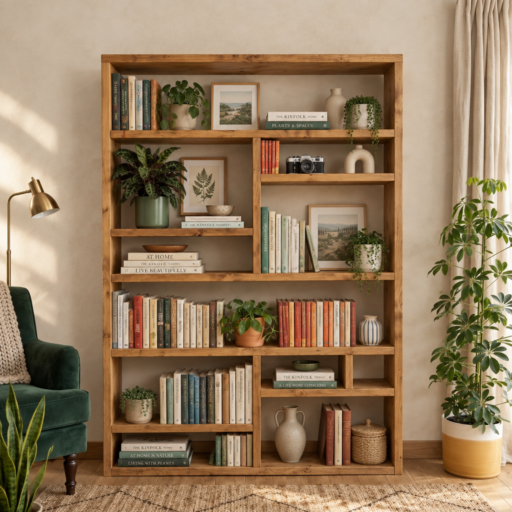Offset solid pine bookcase with staggered shelves styled with books and plants in a warm living room