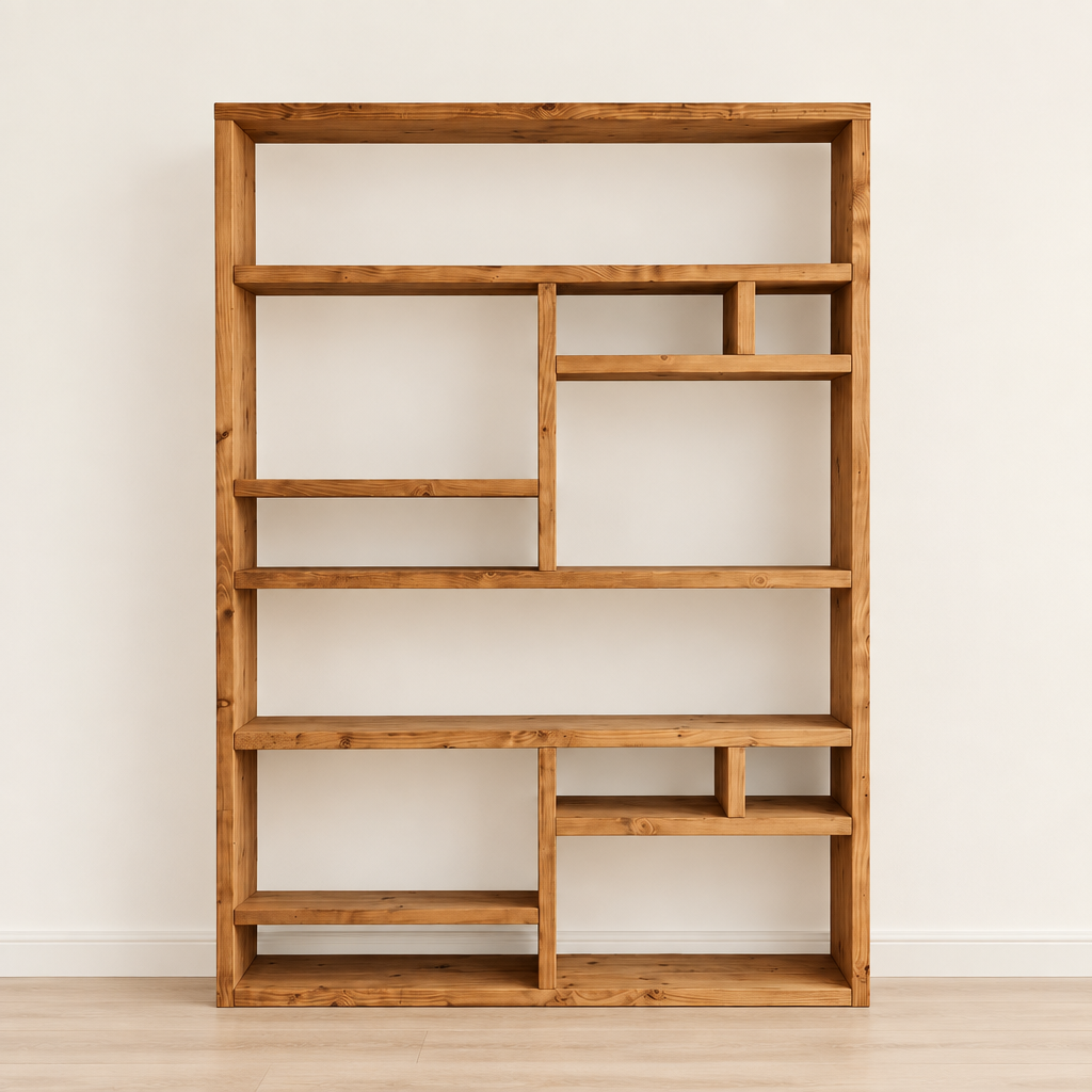 Empty Offset bookcase shown straight on so the staggered shelf layout and full length sides are clear