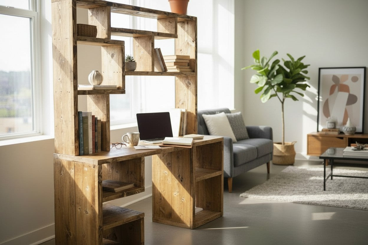 Reclaimed Wood Bookcase & Shelving Units Desk - Rustic Open Shelving Storage - deskbc no d