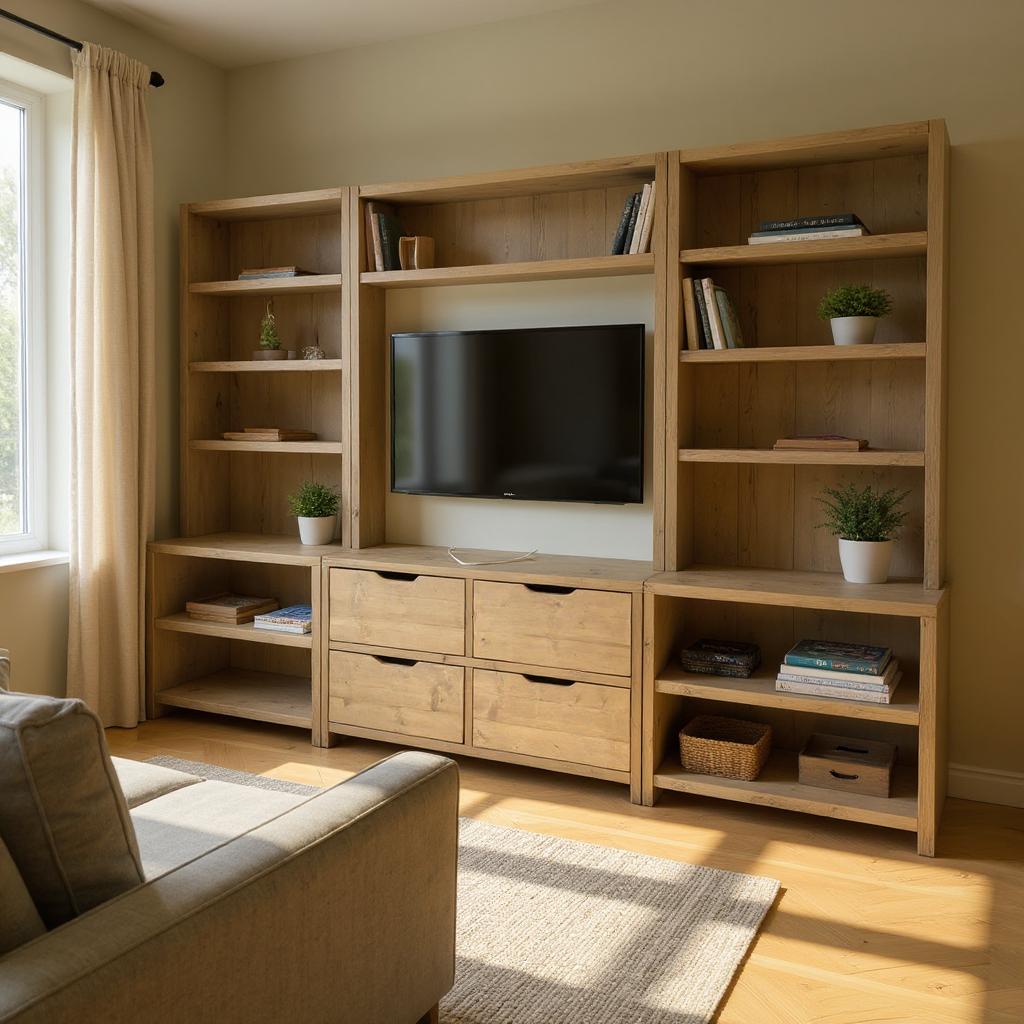 Reclaimed Wood Bookcase & Shelving Units with TV Surround - Rustic Entertainment Center, Customizable Storage Solution