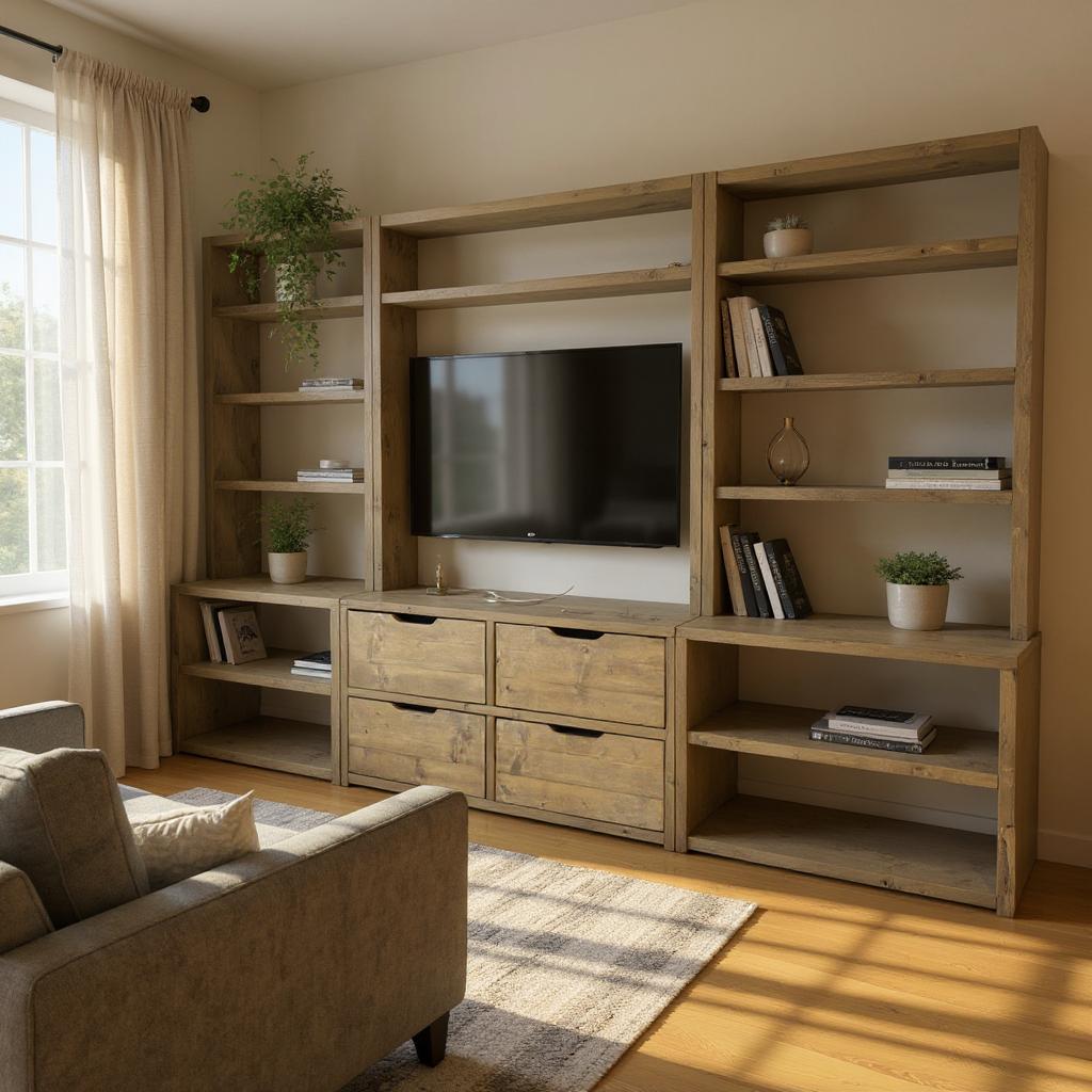 Reclaimed Wood Bookcase & Shelving Units with TV Surround - Rustic Entertainment Center, Customizable Storage Solution