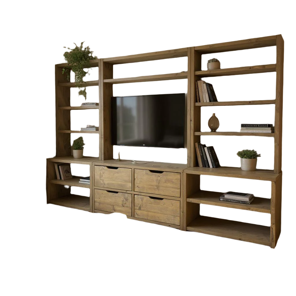 Reclaimed Wood Bookcase & Shelving Units with TV Surround - Rustic Entertainment Center, Customizable Storage Solution