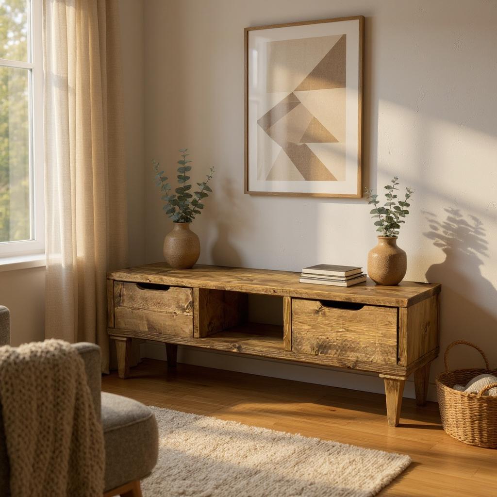 Reclaimed Wood TV/Media Unit with Wood Legs and Drawers - Rustic Storage Console -tv wood leg