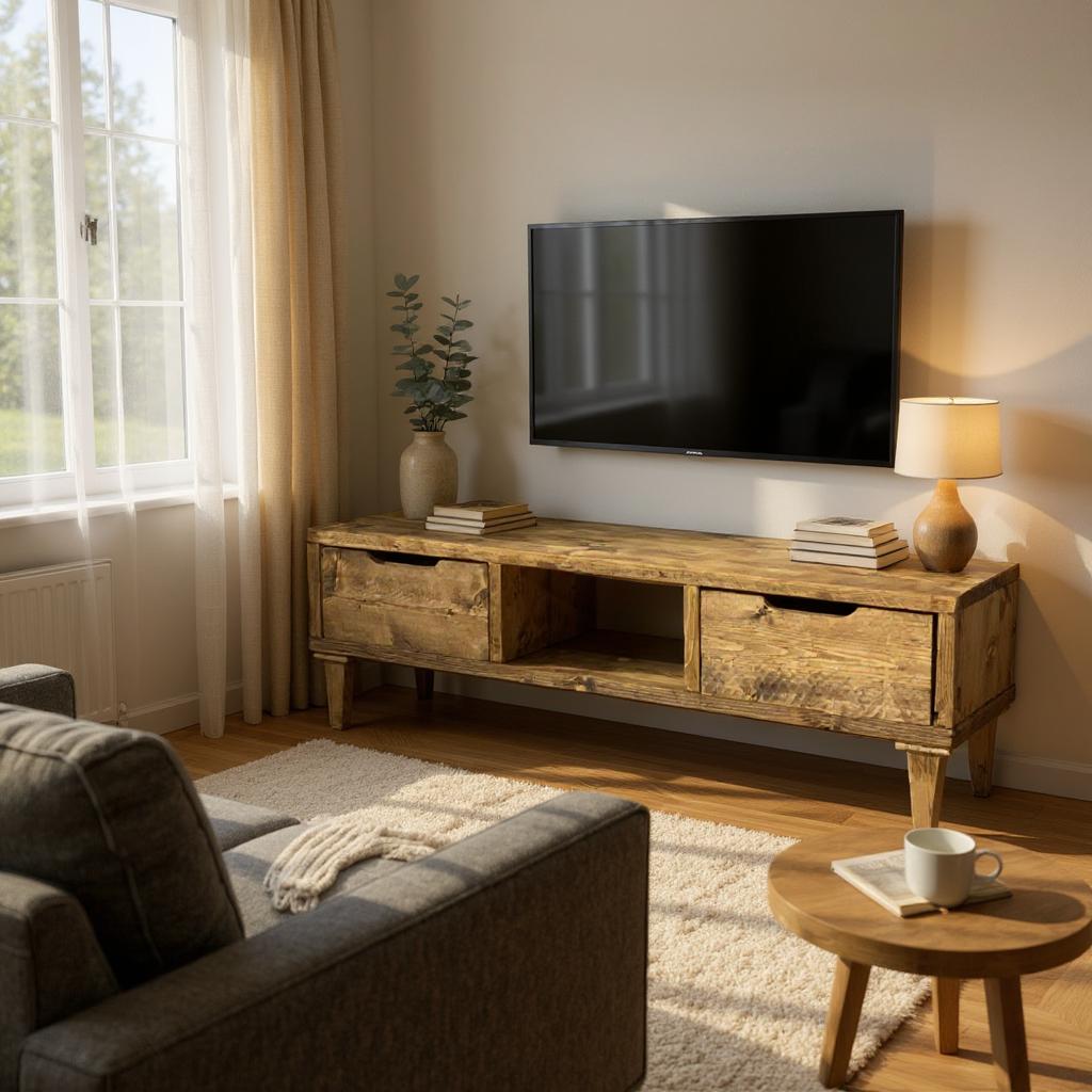 Reclaimed Wood TV/Media Unit with Wood Legs and Drawers - Rustic Storage Console -tv wood leg