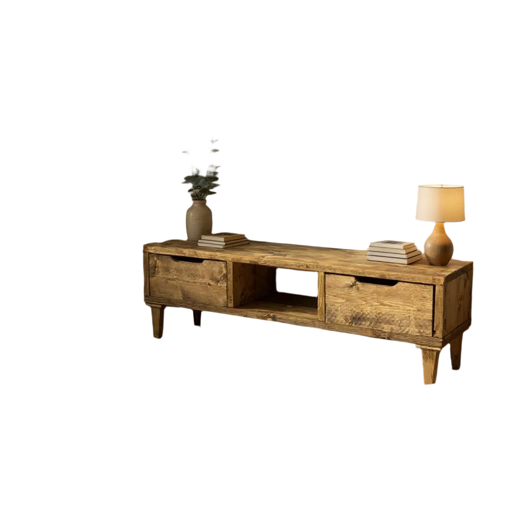 Reclaimed Wood TV/Media Unit with Wood Legs and Drawers - Rustic Storage Console -tv wood leg