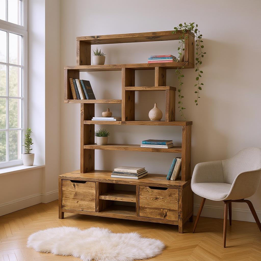 Reclaimed Wood Bookcase | Rustic Scaffold Shelving Unit | Custom 2D Box Design | Handmade Timber Bookshelf -2dn
