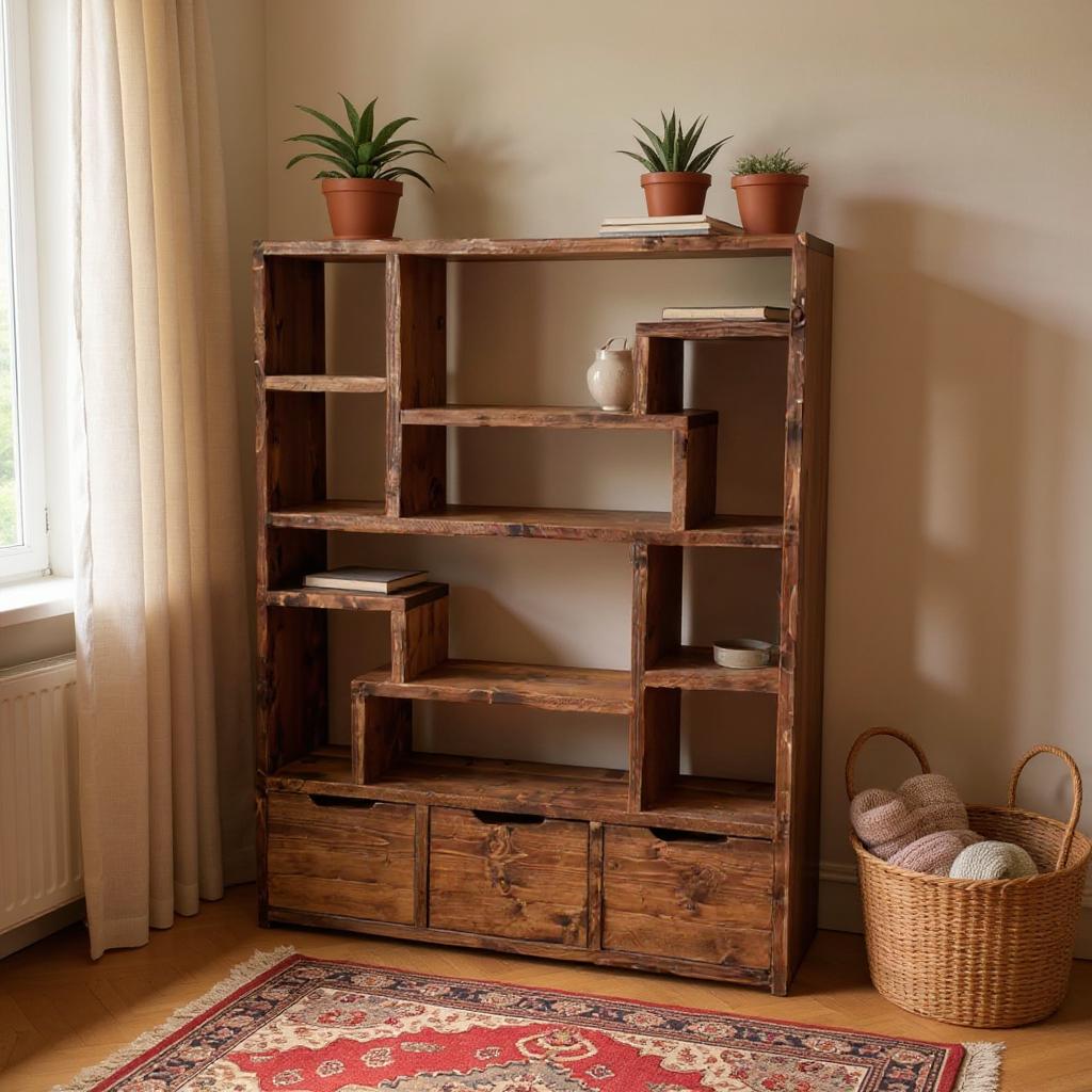 Reclaimed Wood Bookcase with 3 Compartments - Rustic Shelving Unit | Scaffold Timber Furniture | 3D Design - 3d