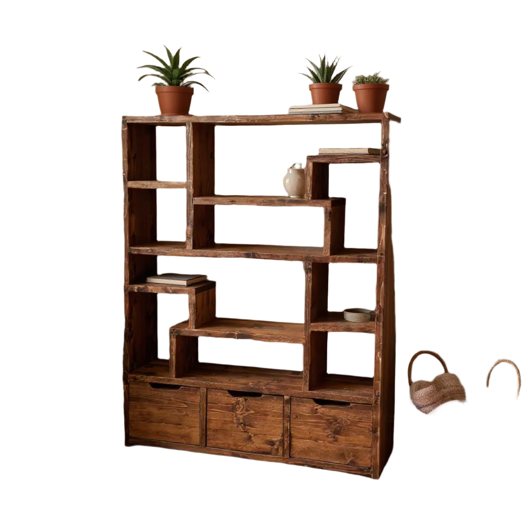 Reclaimed Wood Bookcase with 3 Compartments - Rustic Shelving Unit | Scaffold Timber Furniture | 3D Design - 3d