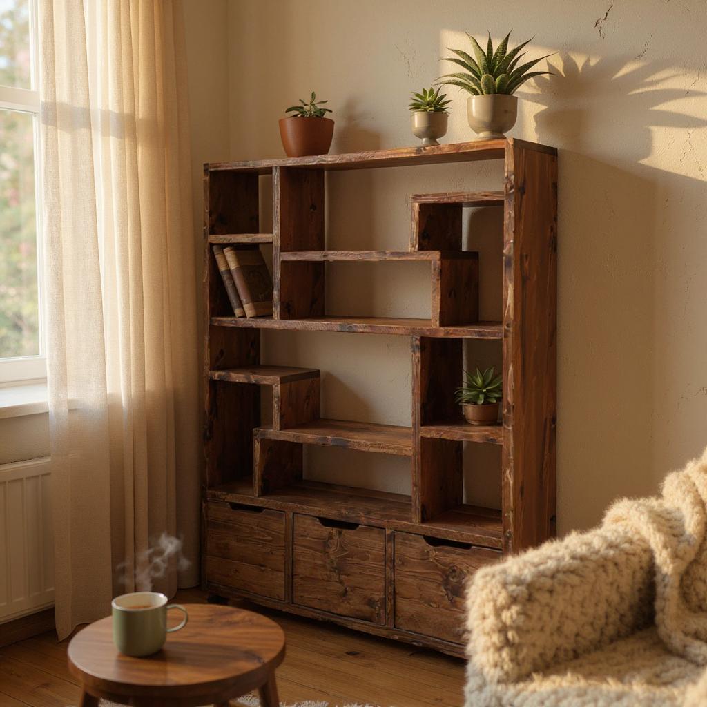 Reclaimed Wood Bookcase with 3 Compartments - Rustic Shelving Unit | Scaffold Timber Furniture | 3D Design - 3d