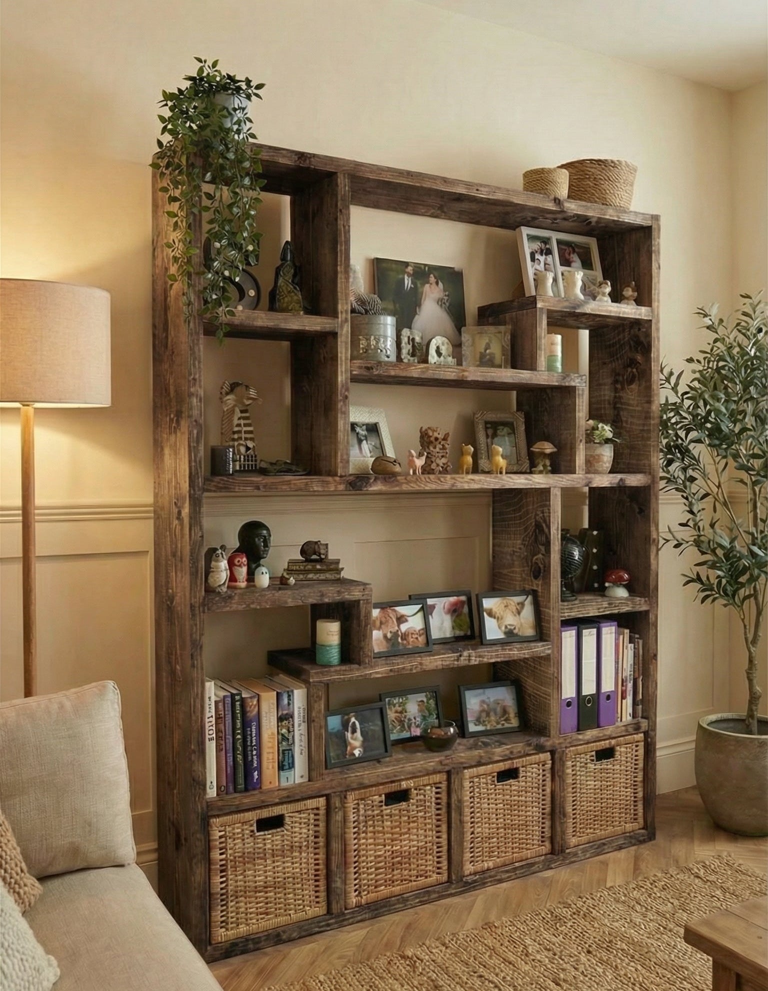 Reclaimed Wood Bookcase with 4 Compartments - Rustic Shelving Unit | Scaffold Timber Furniture | Baskets