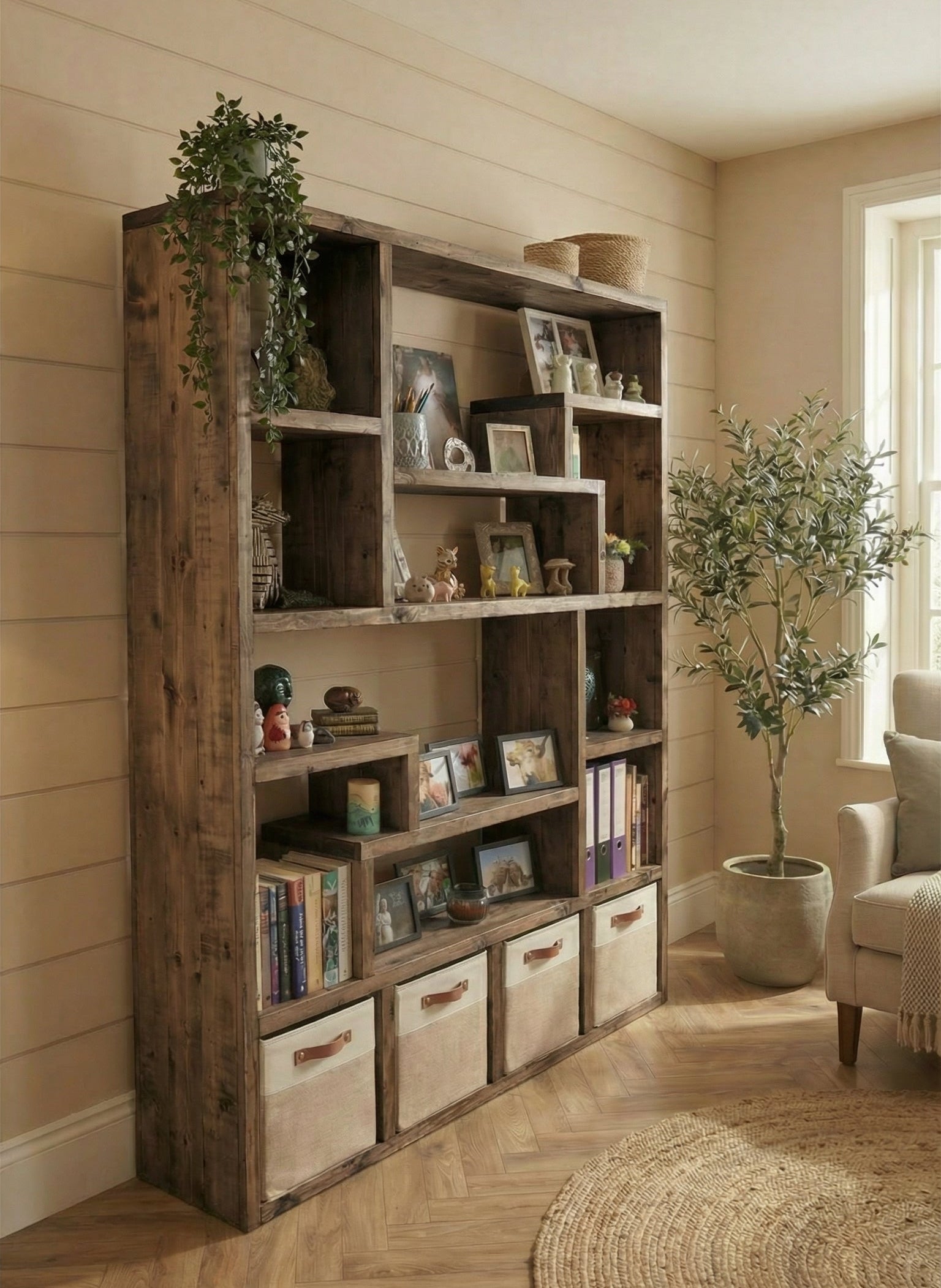 Reclaimed Wood Bookcase with 4 Compartments - Rustic Shelving Unit | Scaffold Timber Furniture | Baskets