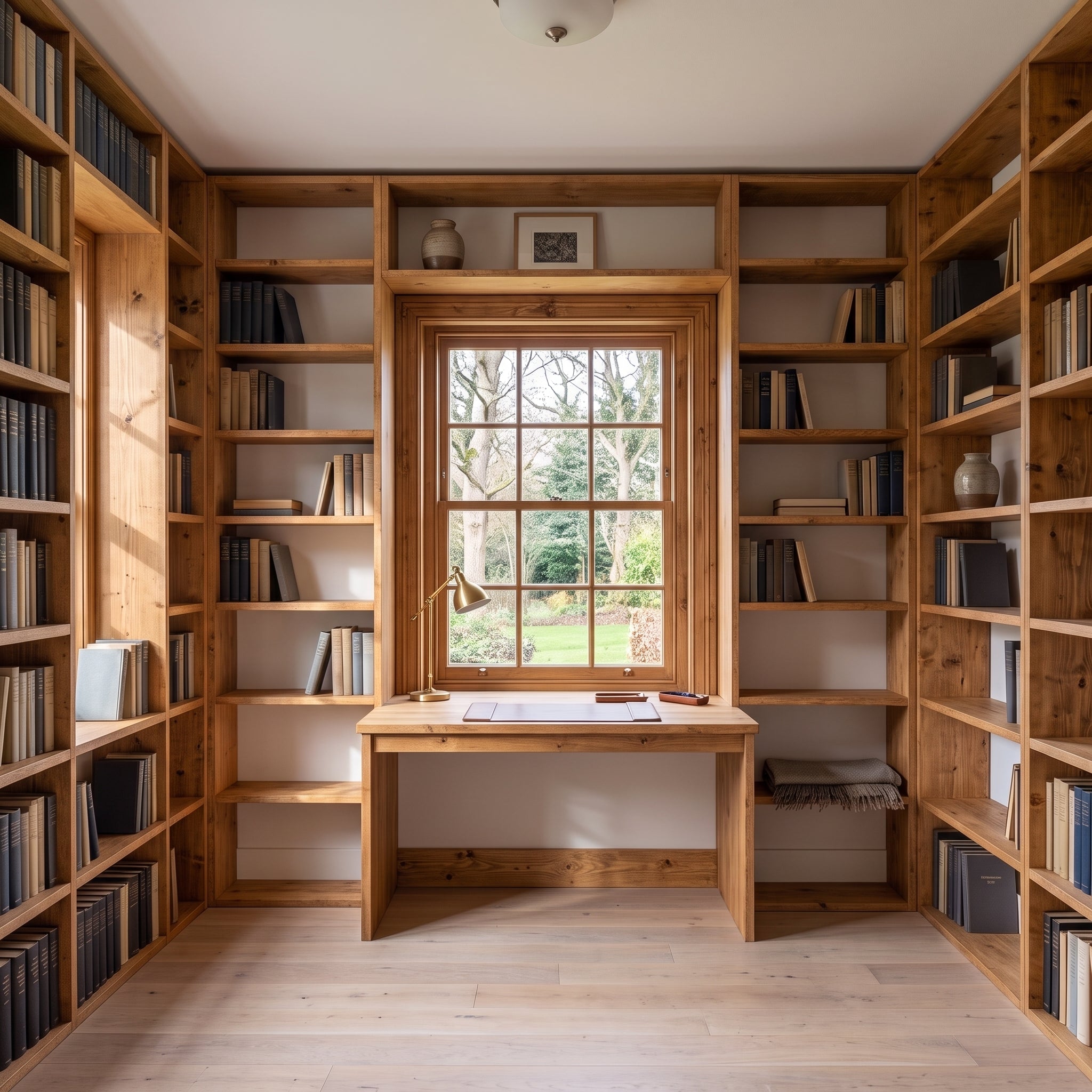 Full Wall Library Bookcase | Solid Pine Made to Measure | Study & Home Office Shelving with Optional Desk and Murphy Bed