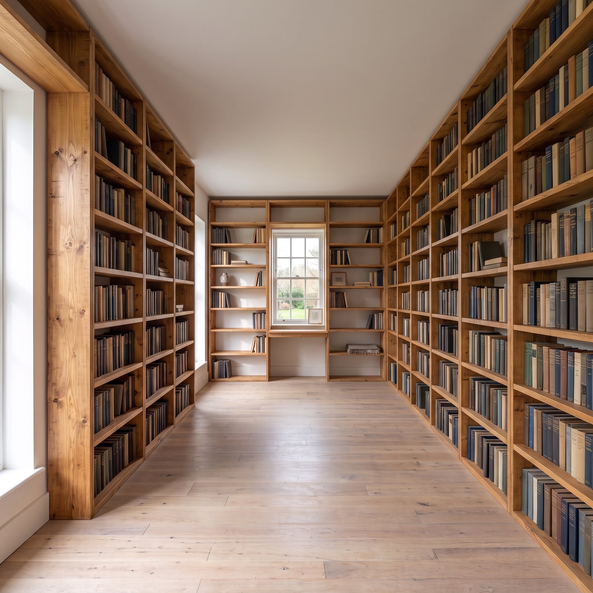 Full Wall Library Bookcase | Solid Pine Made to Measure | Study & Home Office Shelving with Optional Desk and Murphy Bed