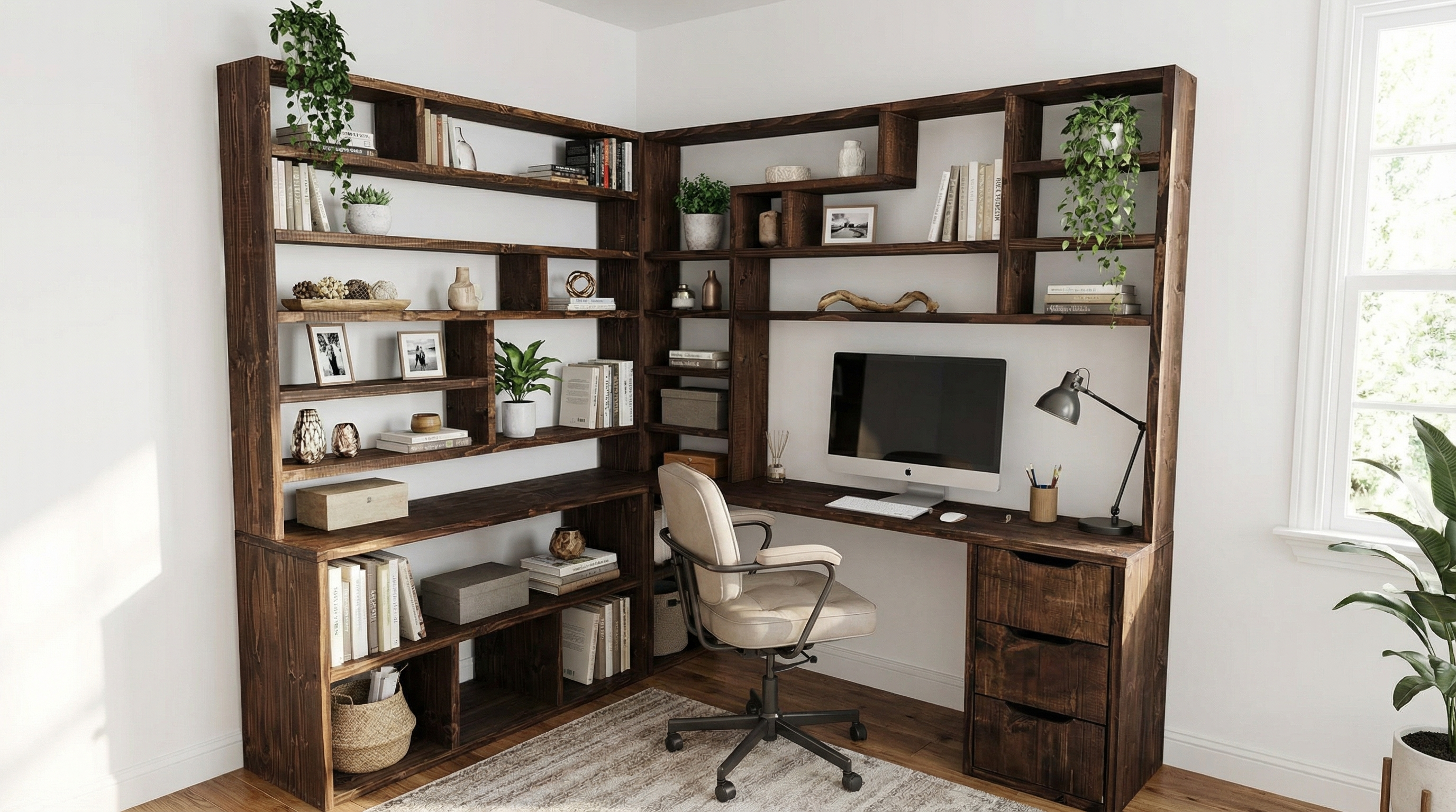 Reclaimed Wood Bookcase & Shelving Units Desk - Rustic Open Shelving Storage - cornerdeskbc