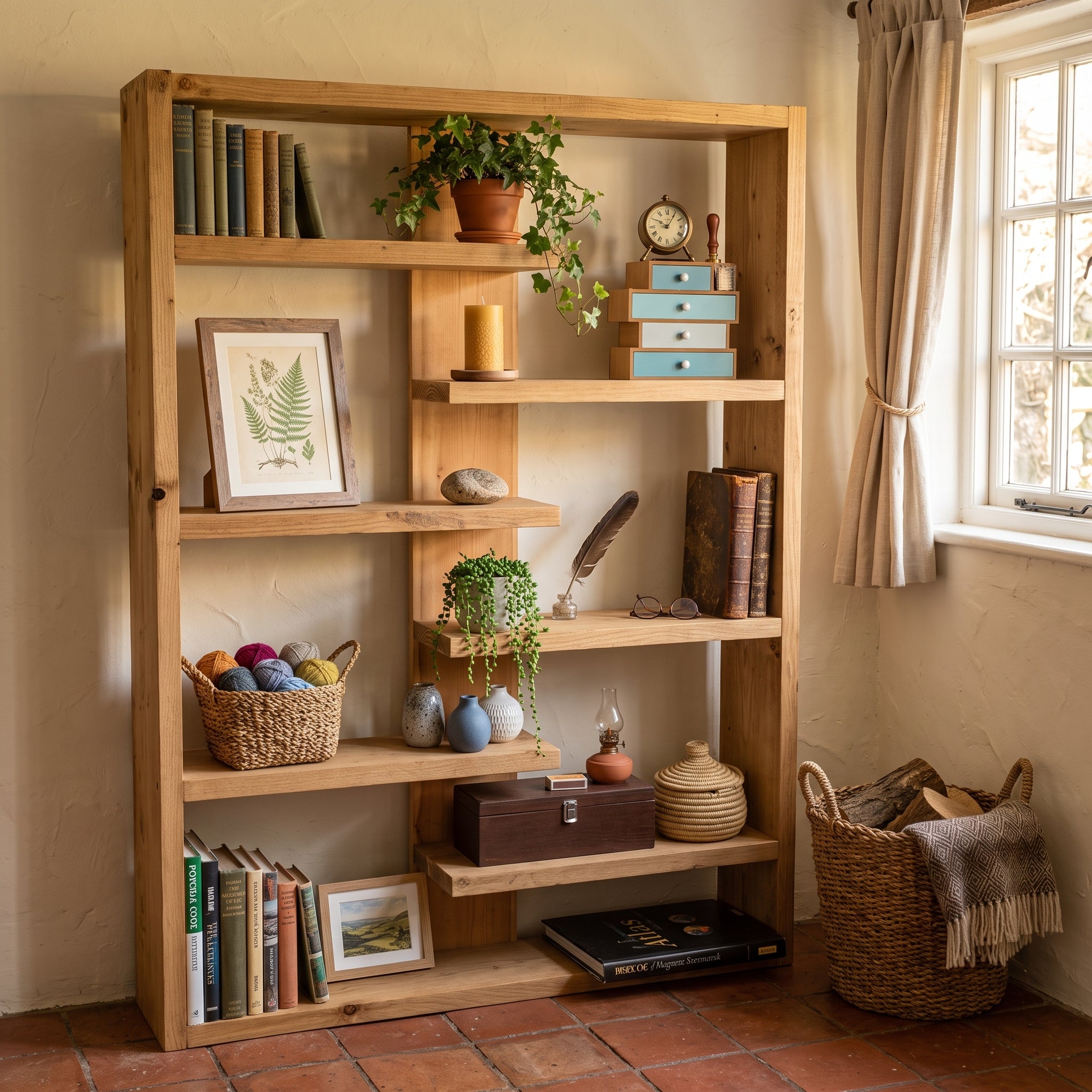 Solid Wood Central Bookcase & Shelving Unit - Tall Freestanding Storage Organizer- central
