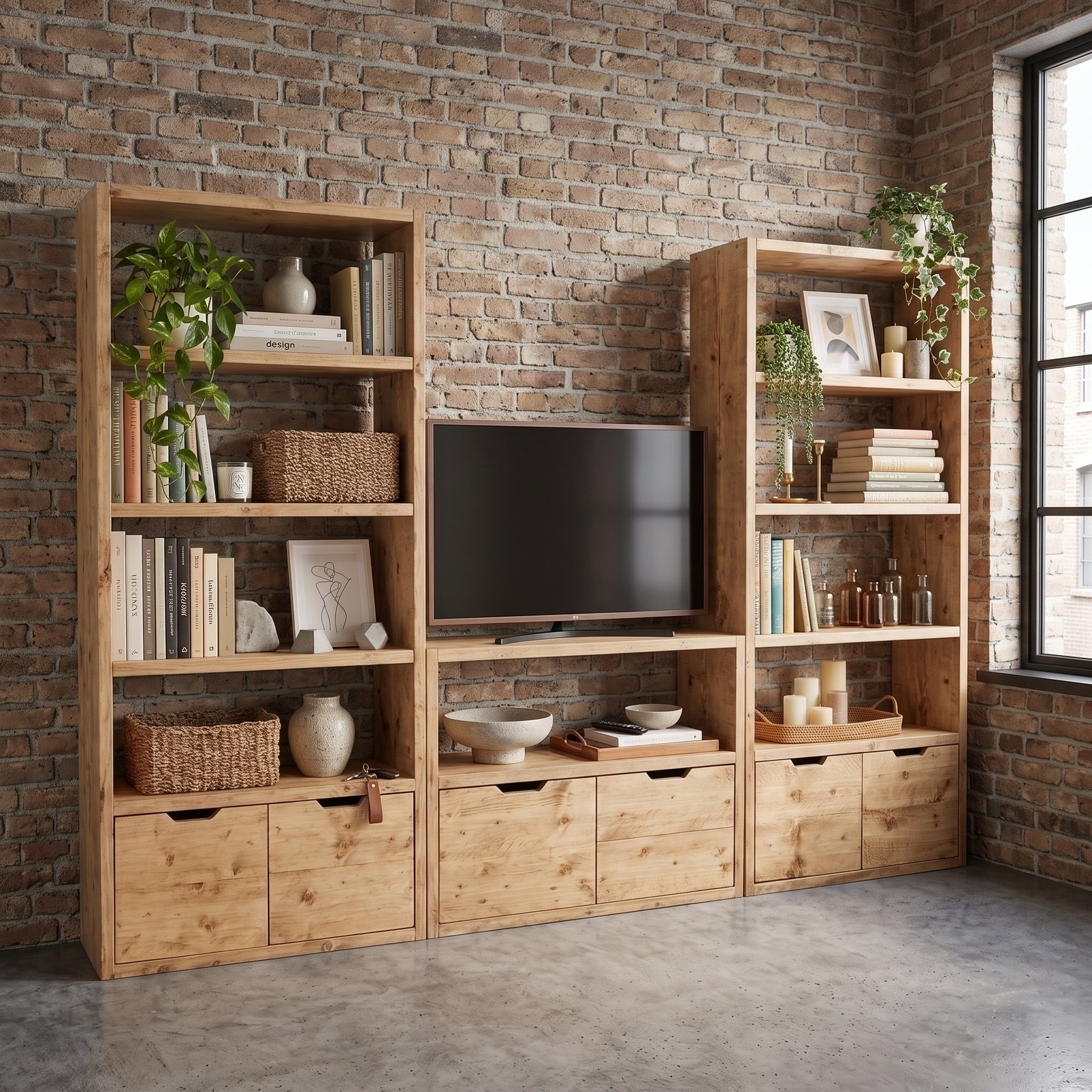 Reclaimed Wood Bookcase & Shelving Units with TV Stand and Doors - Rustic Entertainment Center