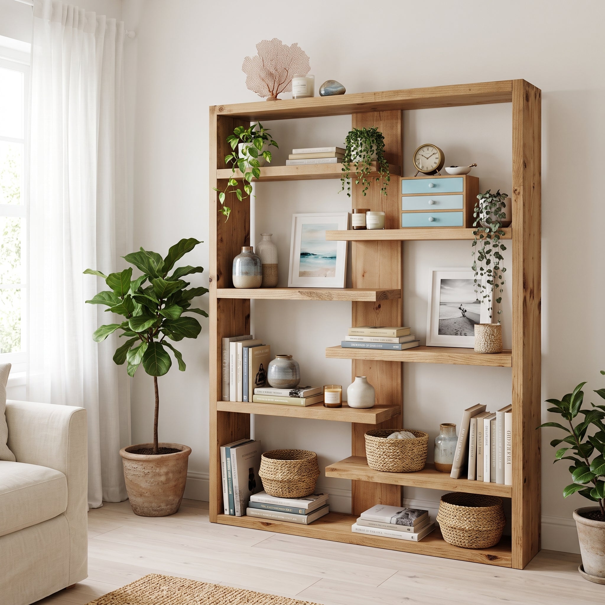 Solid Wood Central Bookcase & Shelving Unit - Tall Freestanding Storage Organizer- central