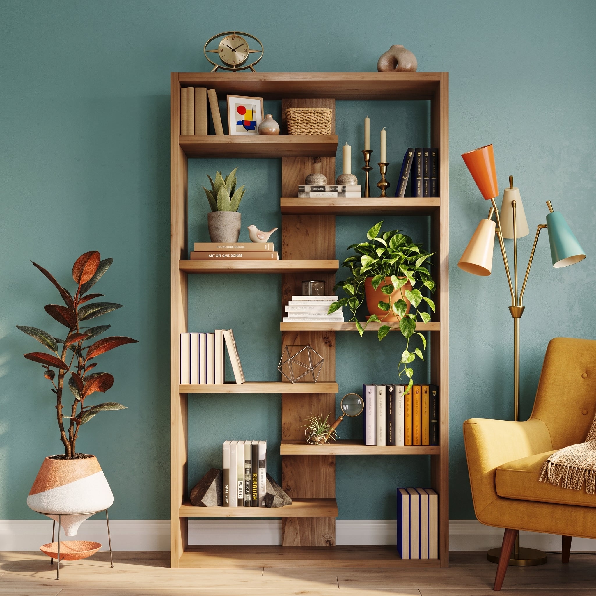 Solid Wood Central Bookcase & Shelving Unit - Tall Freestanding Storage Organizer- central