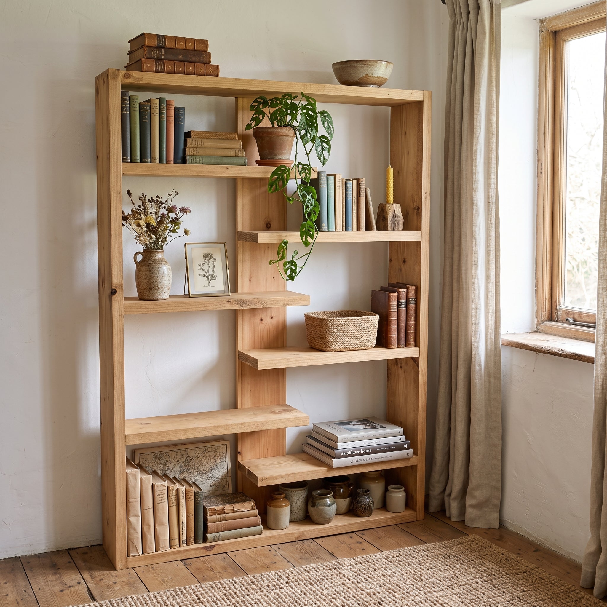 Solid Wood Central Bookcase & Shelving Unit - Tall Freestanding Storage Organizer- central