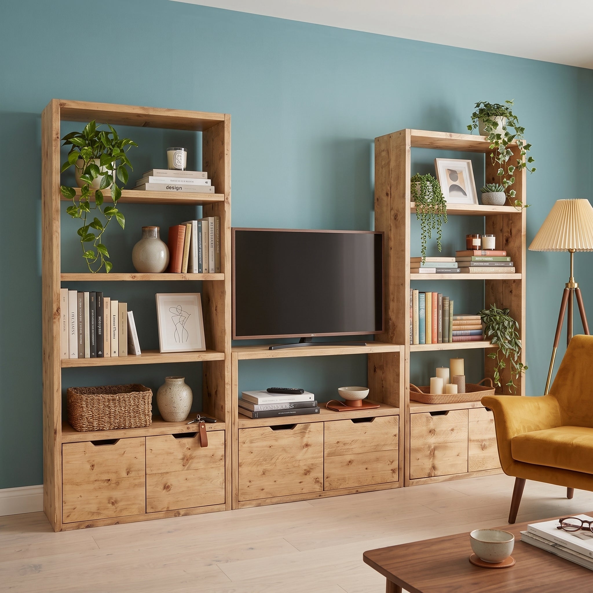 Reclaimed Wood Bookcase & Shelving Units with TV Stand and Doors - Rustic Entertainment Center