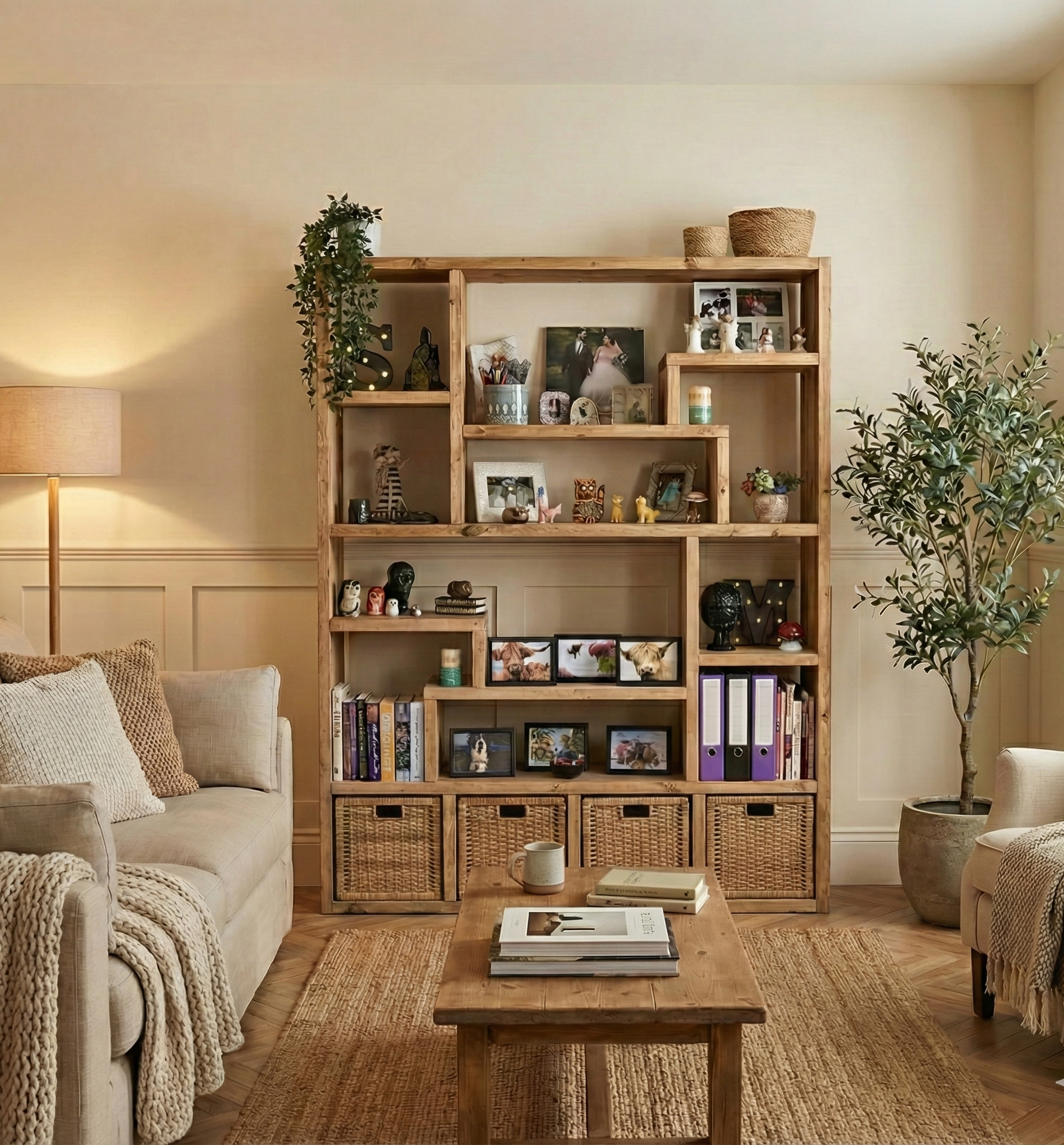Reclaimed Wood Bookcase with 4 Compartments - Rustic Shelving Unit | Scaffold Timber Furniture | Baskets
