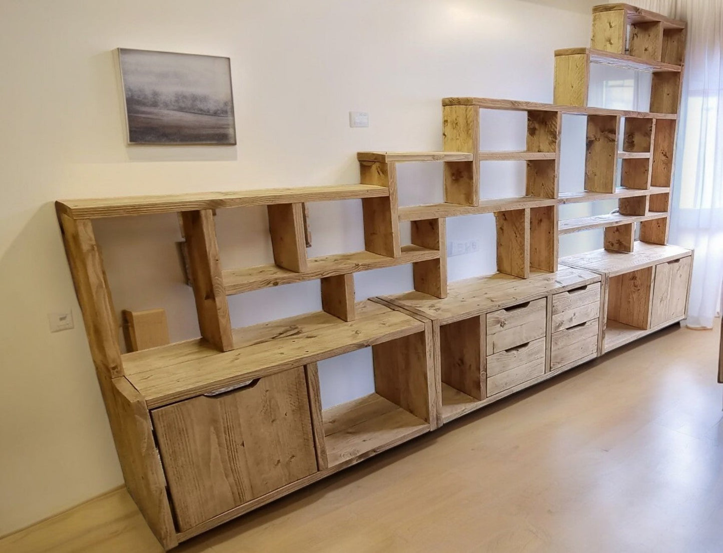 Large Reclaimed Wood Bookcase & Shelving Units Set - Rustic Storage Furniture - Vintage style bookcase set- slope