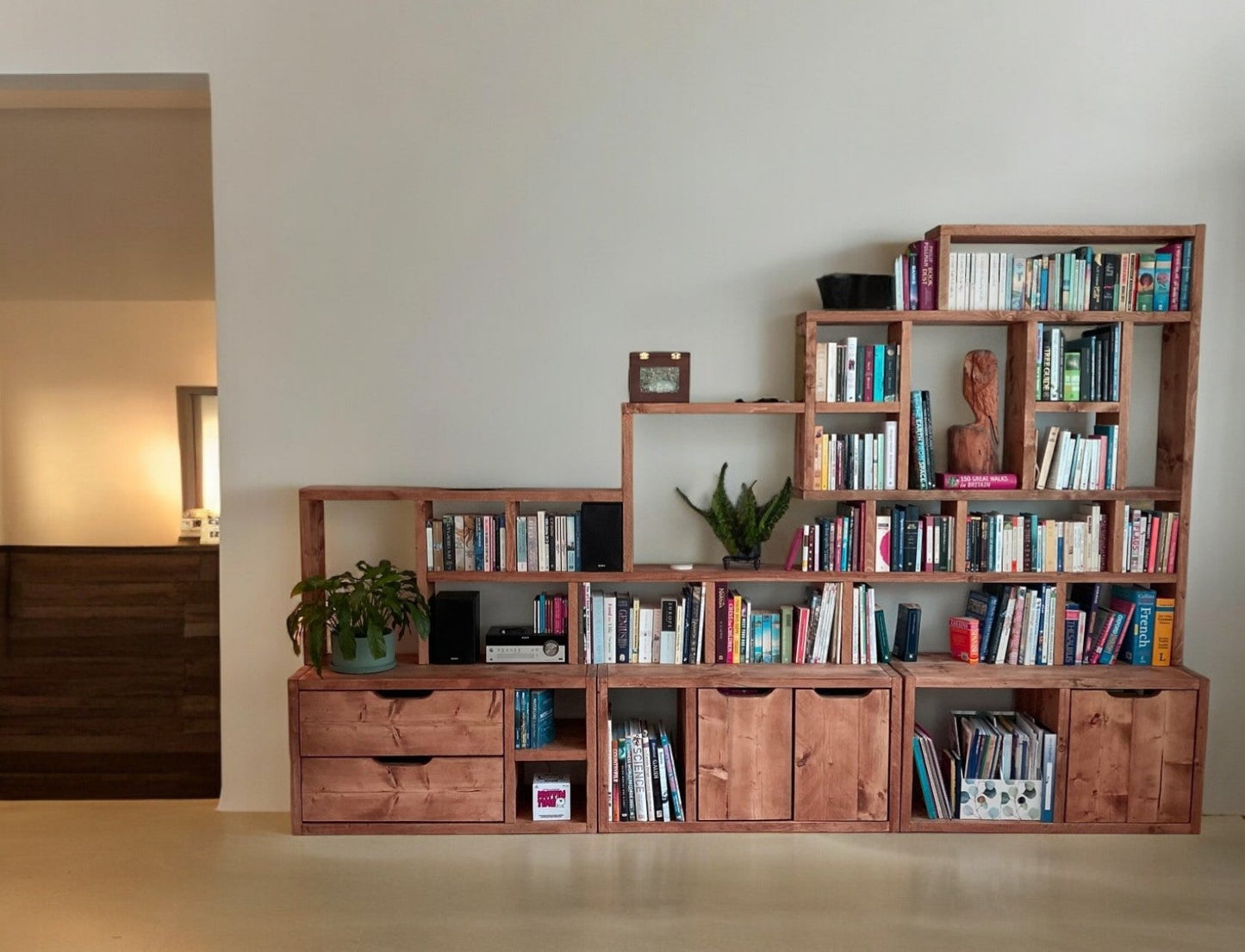 Large Reclaimed Wood Bookcase & Shelving Units Set - Rustic Storage Furniture - Vintage style bookcase set- slope