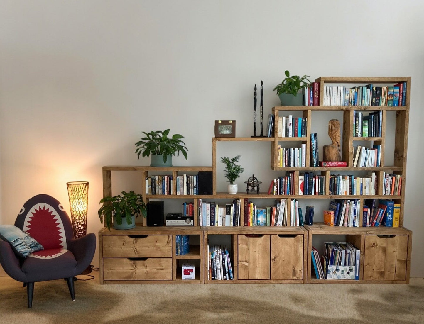 Large Reclaimed Wood Bookcase & Shelving Units Set - Rustic Storage Furniture - Vintage style bookcase set- slope