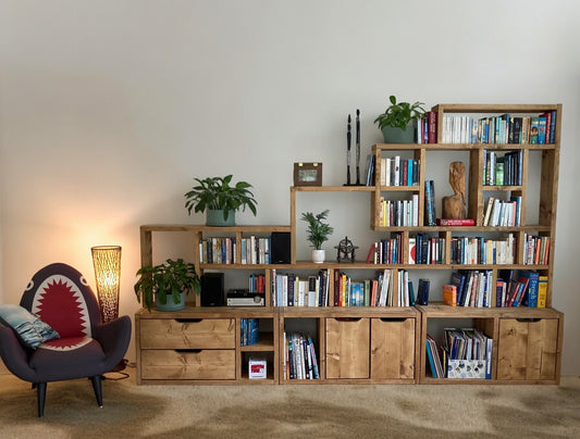 Large Reclaimed Wood Bookcase & Shelving Units Set - Rustic Storage Furniture - Vintage style bookcase set- slope