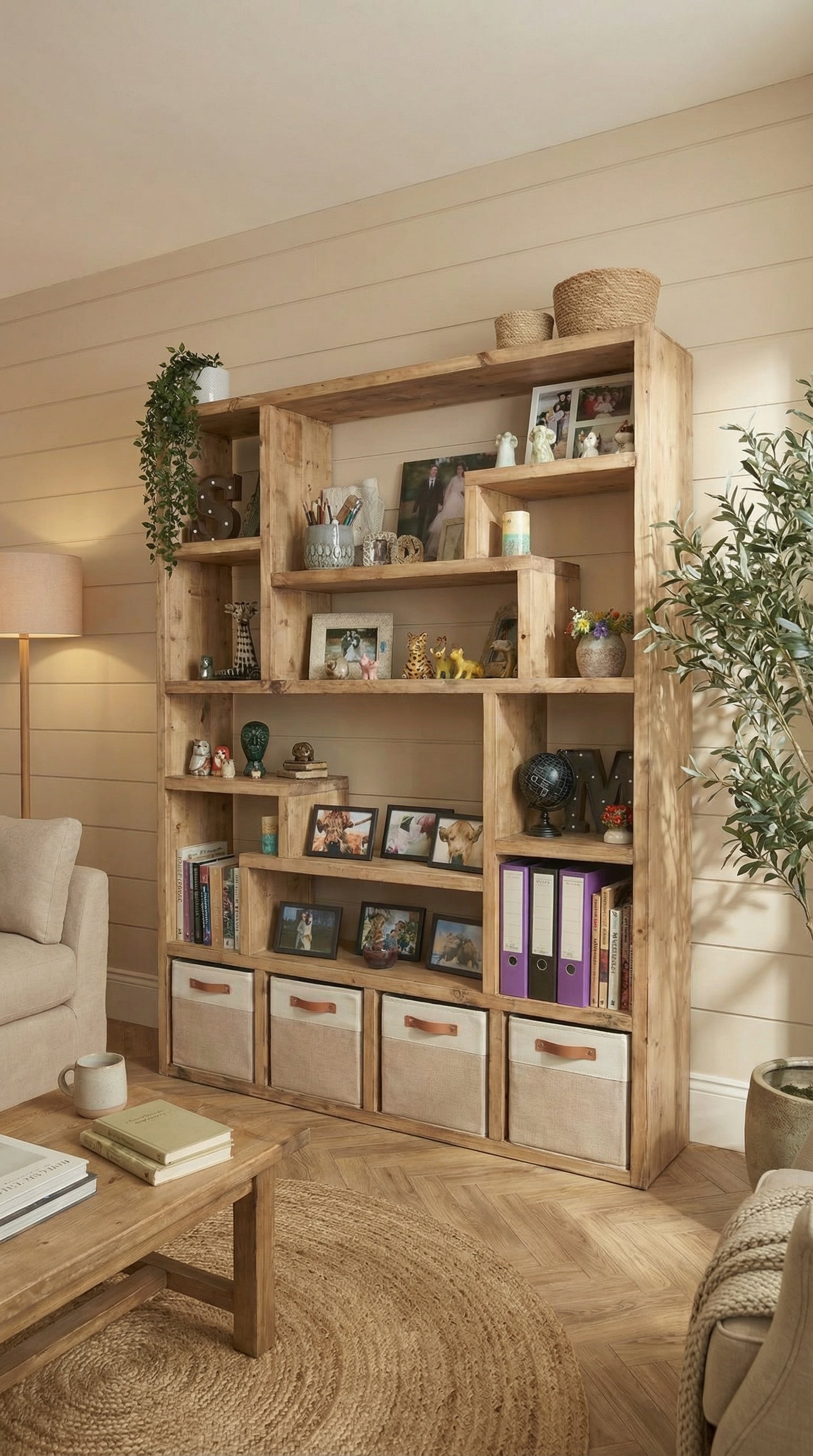 Wooden bookshelf with decorative items in a living room setting