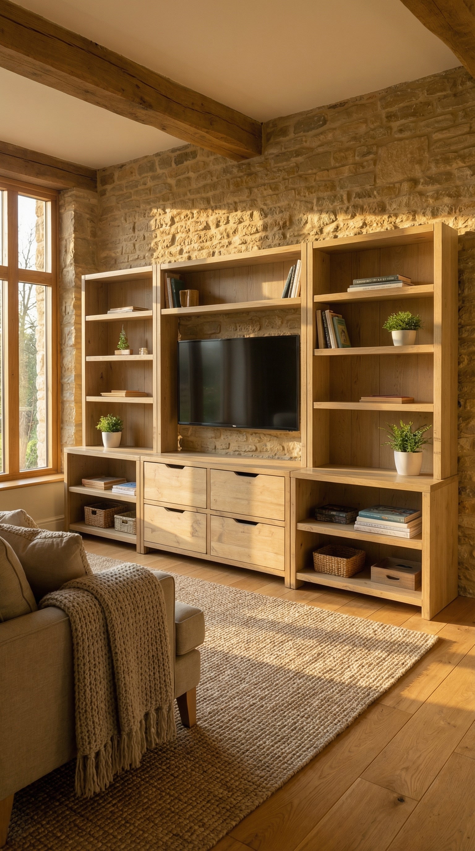 Reclaimed Wood Bookcase & Shelving Units with TV Surround - Rustic Entertainment Center, Customizable Storage Solution
