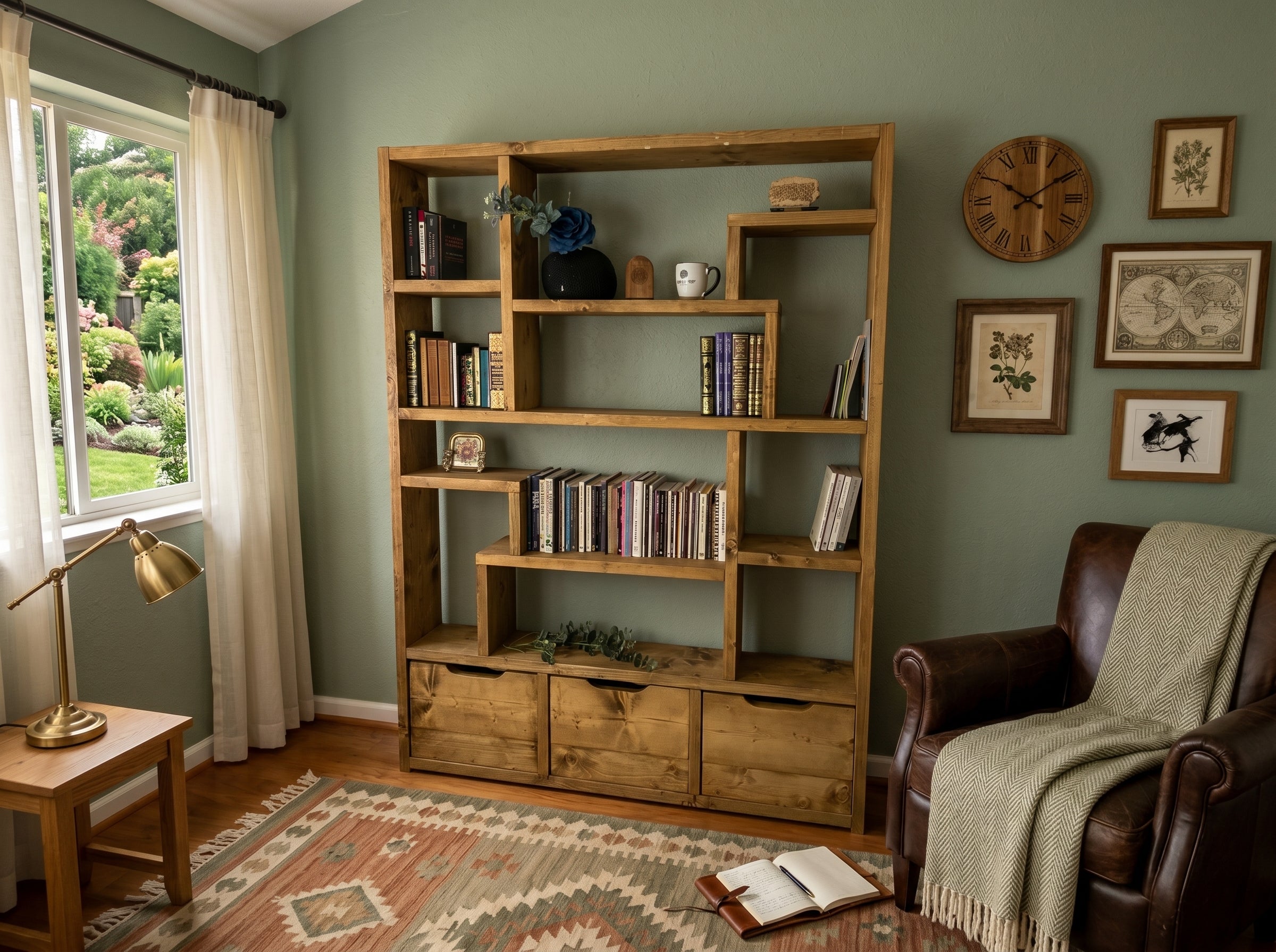 Reclaimed Wood Bookcase & Shelving Unit - Rustic Scaffold Furniture, Vintage wood bookshelf- -3d