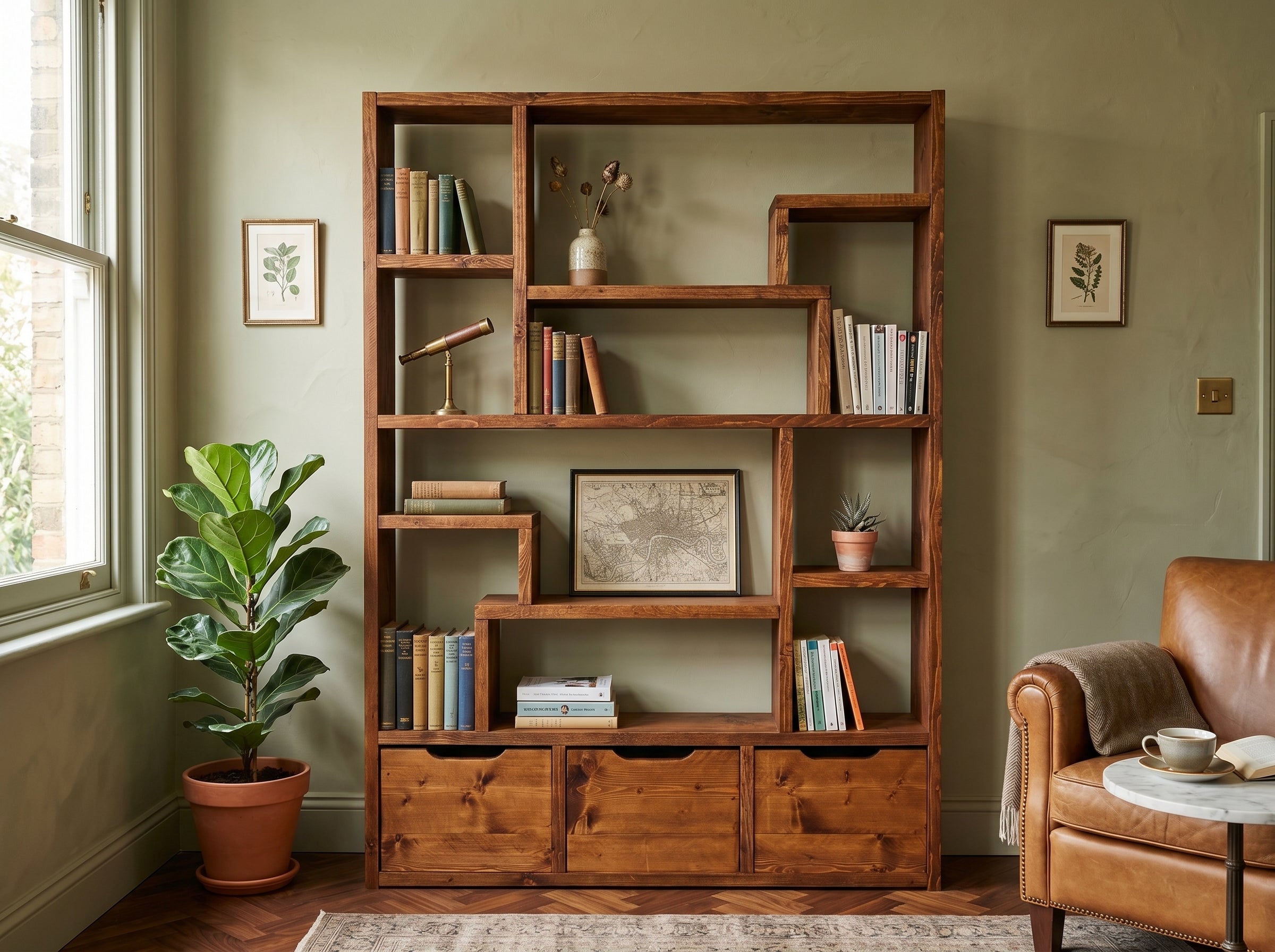 Reclaimed Wood Bookcase & Shelving Unit - Rustic Scaffold Furniture, Vintage wood bookshelf- -3d