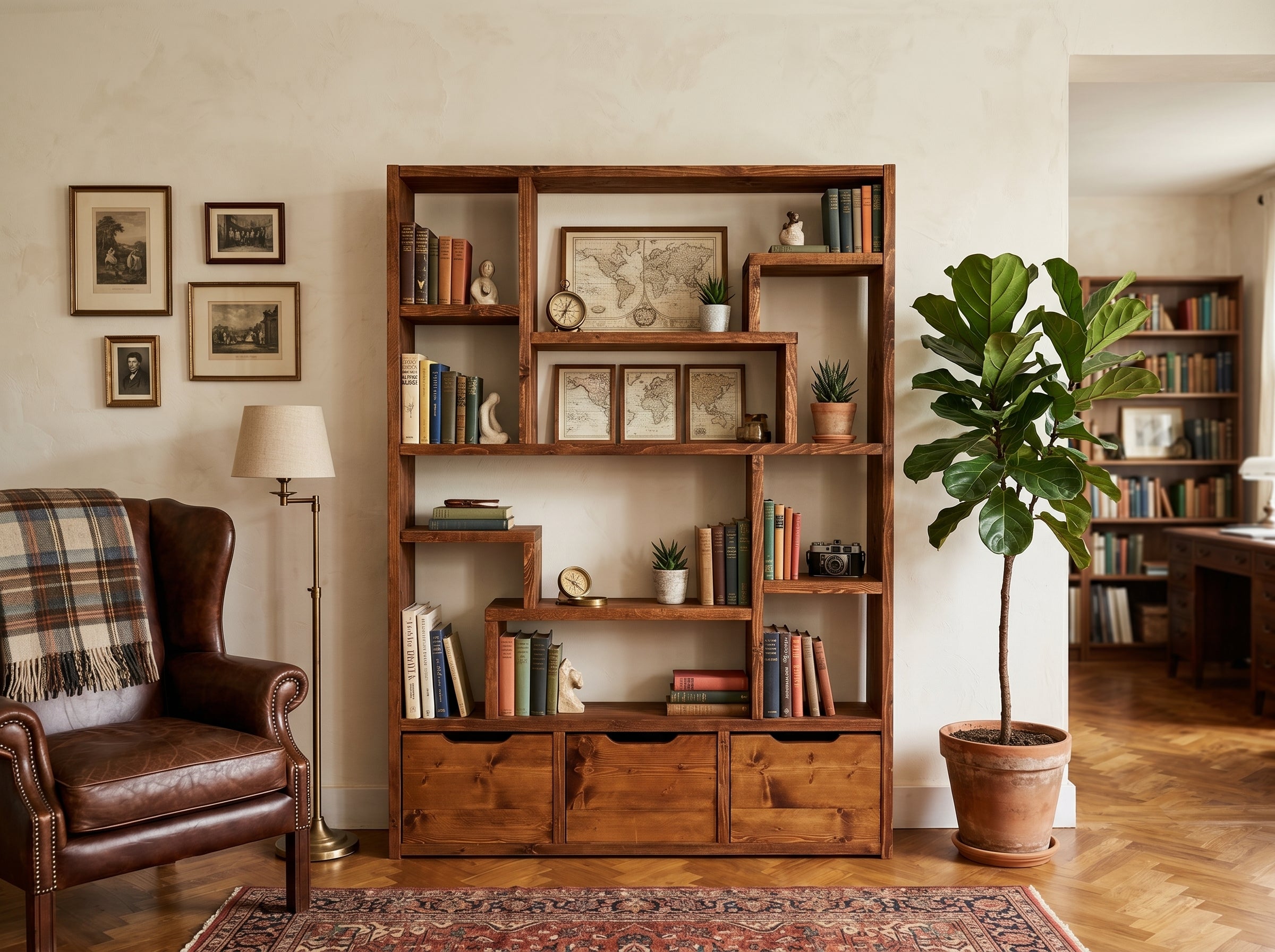 Reclaimed Wood Bookcase & Shelving Unit - Rustic Scaffold Furniture, Vintage wood bookshelf- -3d
